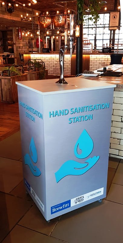Prototype Brewfitt Hand Sanitisation Station at Manchester’s Albert’s Schloss