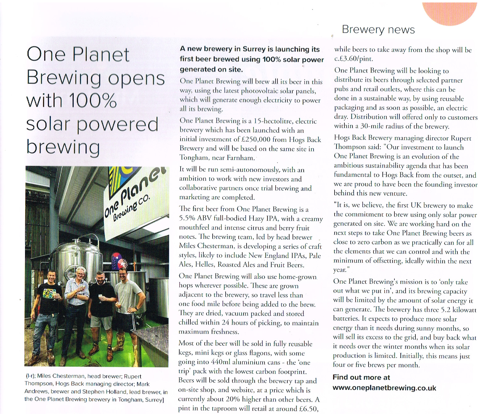 One Planet Brewing SIBA Independent Brewer Winter 2023